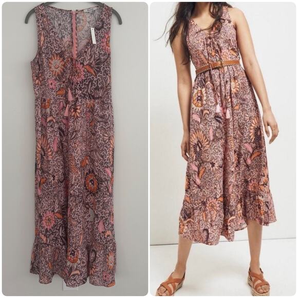 Madewell Lace Up Ruffle Hem Floral Sleeveless Midi Dress - Picture 1 of 8